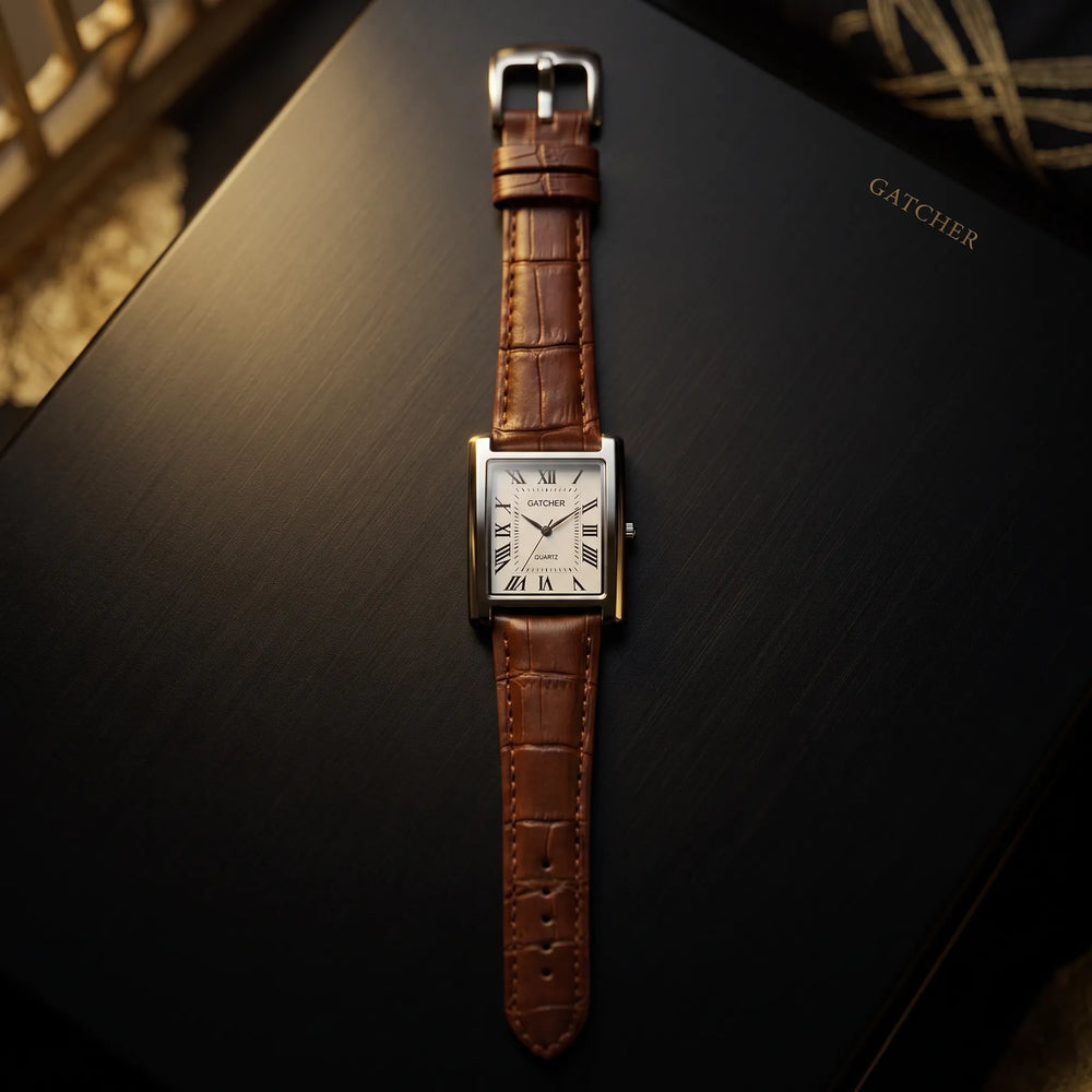 Luxury Men's Leather Strap Rectangular Roman Dial Quartz Watch | Classic Formal Wrist Watch for Men | Premium Business Casual Watch