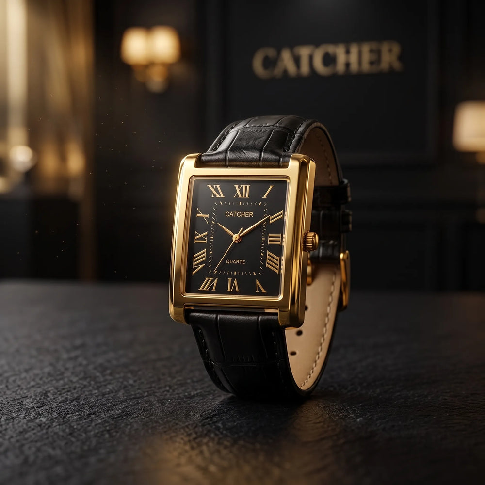 Luxury Men's Leather Strap Rectangular Roman Dial Quartz Watch | Classic Formal Wrist Watch for Men | Premium Business Casual Watch