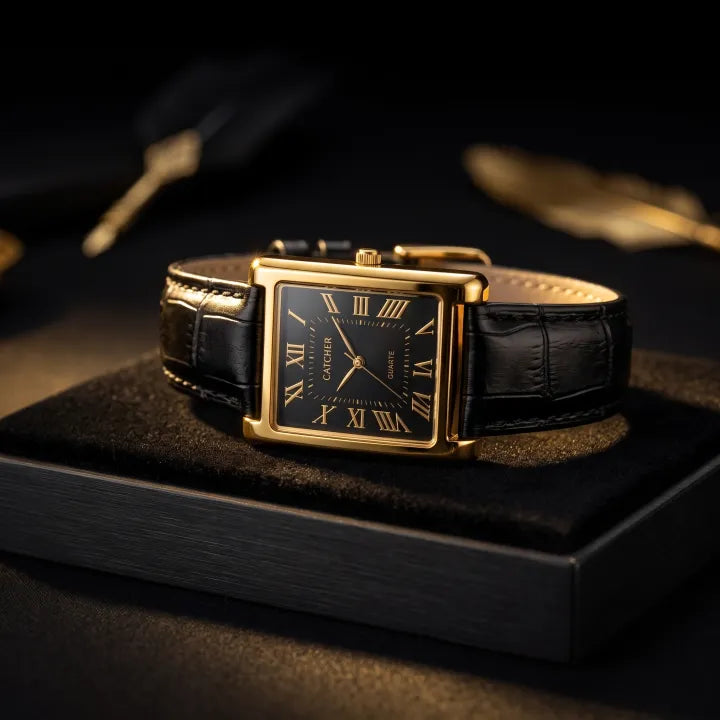 Luxury Men's Leather Strap Rectangular Roman Dial Quartz Watch | Classic Formal Wrist Watch for Men | Premium Business Casual Watch